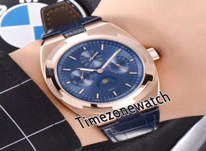 Utländska ultratunna eviga kalender 4300v000RB509 Automatisk herrklocka Rose Gold Blue Dial Moon -fasfas Läder Timezonewatch E6160831