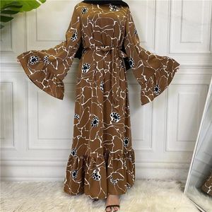 Ethnischer Kleidungsdruck Swing Long Kleid Muslim Dubai Abaya Kleider mit Schärpen Islam für Frauen Kleidung