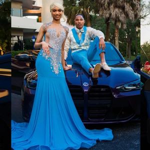 Blue Satin Mermaid Prom Dress for Black Girls Sier Crystals Rhinestone Pärlade formella parti Gala klänningar