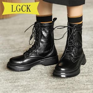 Boots Plus Size 34-42 Woman Motorcycle Shoes Real Leather Ankle Lace Up Short Winter Warm Platform Heel Footwear