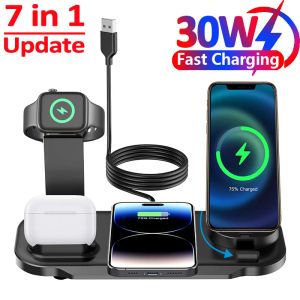 Ladegeräte 7 in 1 30W Drehen drahtloser Ladegerät für das iPhone Samsung Xiaomi Apple Watch 8 7 6 AirPods Pro Fast Ladedockstation