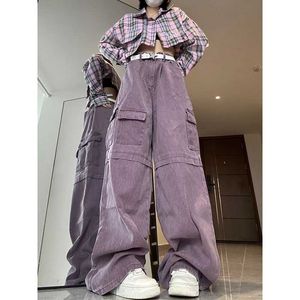 Women's Jeans Multi-Pocket Retro Wash Purpor Women Denim Pants Y2k Strtwear Fashion Straight Wide Leg Baggy Jeans Woman Trousers Y240422