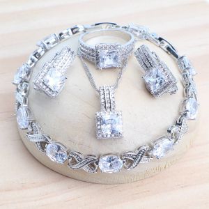 Strängar kvinnor 925 silver brud fina smycken set kostym damer bröllop smycken hänge halsband set stenar örhängen ringar armband