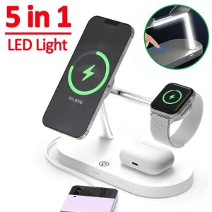 Laddare 5 i 1 magnetiskt trådlöst laddningsstativ för iPhone 15 14 13 Pro Max Apple Watch 8 7 6 AirPods induktion USB Fast Charging Station