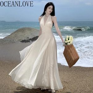 Casual Dresses OceanLove White Halter Women Beach Style Spring Summer Sweet Solid Vestidos Mujer Korean Fashion Elegant Long Dress