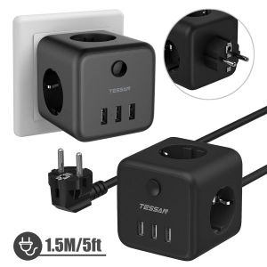 Megaphone Tessan Black Cube USB Socket Power Strip med Switch, 3Way Outlets (2500W / 10A) och 3 USB -portar för hem, kontor, resor