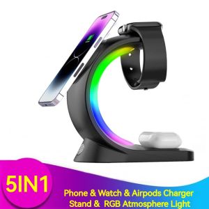 充電器5IN1 RGB雰囲気ライト15W iPhone用磁気ワイヤレス充電器XS XR 11 12 14 Pro Max AirPods Pro Apple Watchスタンド
