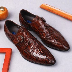 Dress Shoes Men's Genuine Leather Loafer Monk Strap Black Burgundy Crocodile Pattern Oxford Simple Wedding Shoe