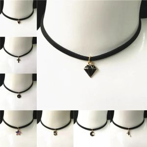 Necklaces New Leather Necklace Short Gothic Cross Star Moon Triangle Necklace Tattoo Collares For Women Velvet Jewelry Clavicle Choker