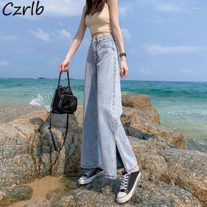 Jeans femininos feminino Moda lateral fenda alta calças de cintura solta zíper reto de fêmea simples bolsos coreanos de estilo coreano