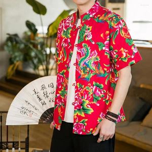 Mäns casual skjortor män lätt sommartröja vintage kinesisk stil med nordöstra blommönster stativ krage knapp