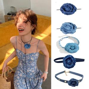 Halsketten Goth Tuch Big Rose Anhänger Halshöhe Jean Stoff Halskette für Frauen elegantes Gewebe geknotete Bogenknoten Verstellbarer Kettenschmuck Geschenk