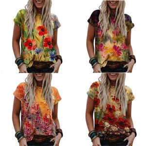 크기 플러스 플로럴 프린트 여성 티셔츠 여름 짧은 슬리브 O- 넥 느슨한 캐주얼 티셔츠 탑 스트리트웨어 여성 S-5XL 티 210522