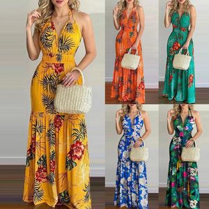 Casual Dresses Summer Boho Dress Y2K Tyg Kvinnor Floral Print Backless Maxi Elastic Midje Halter V Neck Long Robe Semester