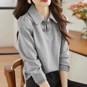 Camisetas femininas 2024 Cotton Chinese Button Button Sweater Sweater de manga longa French Avançado Casual Versátil Top