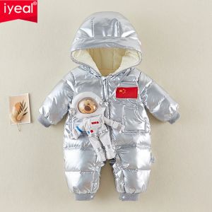 Coats su geçirmez ceket pu deri uzay takım elbise + çanta kış için çanta tulumlar yenidoğan erkek bebek kız sıcak kalışlı kapüşonlu tulum