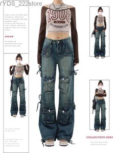 Women's Jeans Womens blue cargo jeans Y2k wide leg pants high waisted jeans Korean aesthetics fashionable pocket jeans Trouser retro straight jeans yq240423