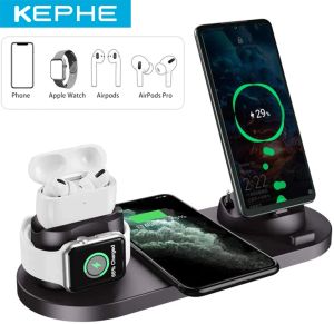 Chargers 6 in 1 Wireless Charger Station Portable Qi Fast Charging Dock Stand for AirPods Pro/AirPods/iPhone/Samsung/Huawei/HTC/Sony