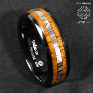 Bands 8mm Black Tungsten carbide ring Koa Wood Abalone ATOP Wedding Band Men's Jewelry Customized Jewelry