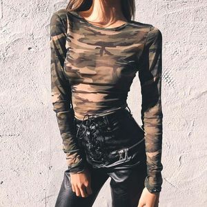 Women's T Shirts Mesh Camouflage Long-Sleeved T-shirt Top Long Sleeve
