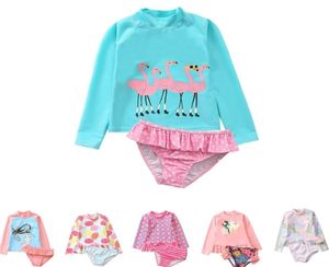 Flamingo baddräkt Set Girls 2 Piece Sun Protection Rash Guard Kids Girl Long Sleeve Swim Shirt and Shorts 2207227290970