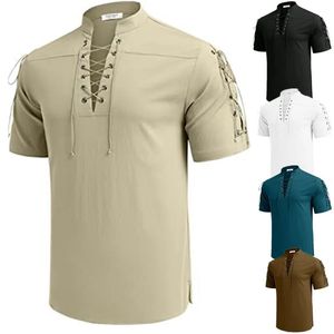 Letnie męskie koszulka w dekolcie Męskie T-shirt z krótkim rękawem bawełniany i lniany LED Casual Mens T-shirt Mężczyzna oddychający topy 240418