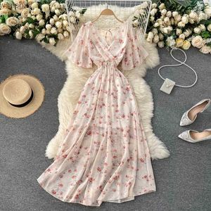 Urban Sexy Dresses Retro Floral Print Ruffle Chiffon Elegant Midi Dress A-line V Neck Beach Vacation Dress Women Korean Fashion Summer VestidosL2404