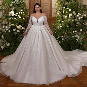Charming Plus Size Lace Wedding Dresses Off The Shoulder Plunging Neckline Bridal Gowns Beaded A Line Long Sleeves Tulle Vestido De Novia