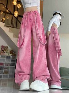 Women's Jeans Womens pink dopamine cargo pants with shoulder straps high waisted chic jeans Harajuku Street wide leg denim Trousers spring and autumn yq240423