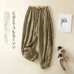 여성용 바지 Capris Cotton Linen 캐주얼 탄성 높은 허리 레이스 UP 느슨한 여자 바지 여성용 패션 넓은 다리 발목 바지 2024 Y240422