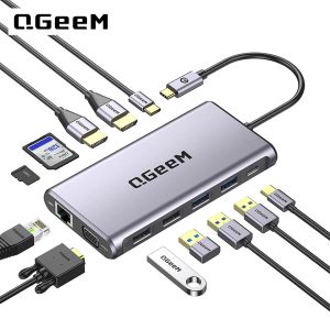 HUBS QGEEM USB C Docking Station, 12 в 1 USB C Hub Dopting Doction Station Dual Monitor, тройной дисплей USB Тип C Док 4K Dual HDMI