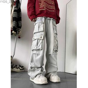 Women's Jeans Light blue cargo jeans mens patchwork straight casual mens multi pocket hip-hop street clothing loose and fashionable pants yq240423