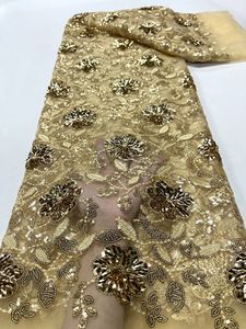 Leichter goldener Stoff hochwertiger afrikanischer Spitze Stoff 2024 Französisch NET -Pailletten -Stoffnähung Stickspitze Tüll Nigeria Kleid 5yard 240408