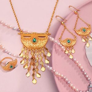 中東ムーンネックレスセットゴールドメッキリングリングペンダントブライダルジュエリーJoyeria Fina Para Mujer Muslim Wedding Accessory 240408