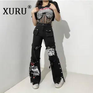 Kvinnors jeans xuru- street trend cool stil tidigt hösten 2024 Utrikeshandelsdesignkänsla tryckt metallspänne denim drapera byxor