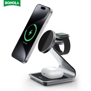 Chargers Bonola Metal 3 в 1 магнитное зарядное устройство подставка для iPhone 15 Pro Max/14/13/Apple Watch MacSafe Wireless Charger для AirPods