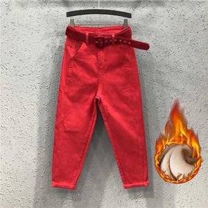 Women's Jeans Womens Red Jeans Winter Velvet Back Palace Pants Spring/Summer Loose Casual Pants Plus Size 5XL Hole Y240422