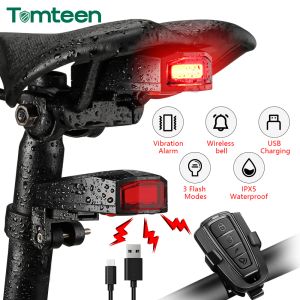 Lights Tomteen Bicycle Light Anti Theft Alarm Wireless Waterproof Auto Brake Sensing Remote Control USB Bike Taillight Horn Lamp Alarm