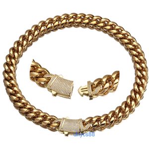 Modesmycken grossistpris halsband kedja rostfritt stål 22mm 10k fast guld diamant hip hop miami kubansk länk