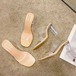 Dress Shoes Ladies Slippers Women Heels Jelly Slides Square heel Low Pantofle High Transparent Block Summer 2022 PVC Basic Fretwork P H240423