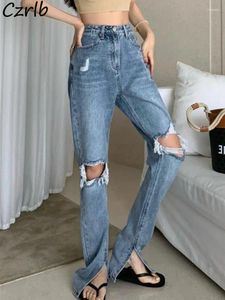 Jeans femminili donne strappate personalità primavera primaverile femmina dritta vintage streetwear slit in stile coreano in stile alta moda solida