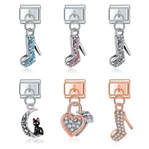 Strands Hapiship New Fashion Moon Cat Love High Heel Zircon Charm Italian Link Fit DIY 9mm Stainless Steel Bracelet DIY Jewelry DJ578