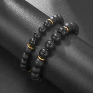 Stränge modische 1pc unterschiedliche Größe natürliches schwarzes mattes Steinarmband für Frauen Menschen einfache beste Freunde Paar Perle Bangle Schmuck Schmuck