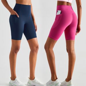 Al Frauen Yoga Shorts Sport Leggings Hochhaus Kurzhose Nackte Sommer No T-Line High-T-Tie-Jogginghose Outdoor Fitness Running Tennis Ride Honey Peach Hüfte Strumpfhosen