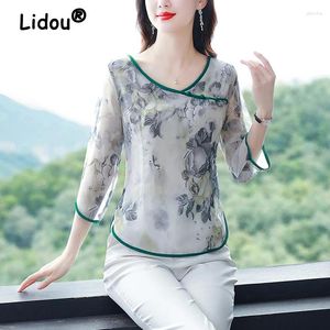 Blouses femininas Mulheres moda vintage estilo chinês estampa floral elegante 3/4 manga chiffon camisas casuais v pescoço slim blusas mujer