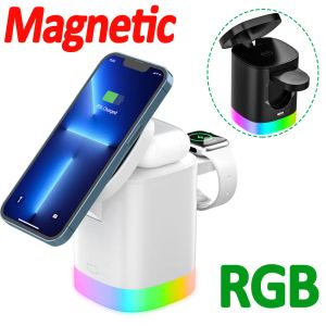 Caricabatterie 3 in 1 Stand di caricabatterie wireless magnetico RGB Light Phone di ricarica rapida per iPhone 14 13 12 Pro Max AirPods Pro Iwatch 8 7