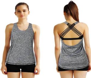 Szara damska koszulka joga seksowna zapaski back crisscross sporty fitness koszule na siłownię suchą rower