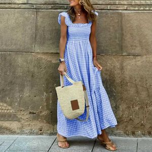 Urban Sexy Dresses Square Collar Sleeveless Women Dress Elastic Chest Wrap Ruffle Large Hem Women Plaid Print Sling Maxi Dresses Female ClothingL2404