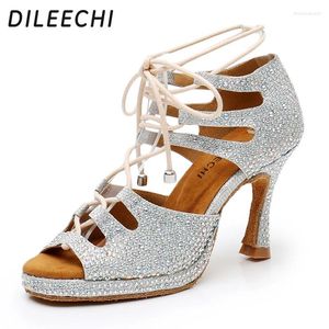 Sapatos de dança Dileechi Latin Silver Gold Glitter Ballroom Plataforma Plataforma Ajuste Ajuste Festa SQURE Mulheres Cuba calcanhar 9