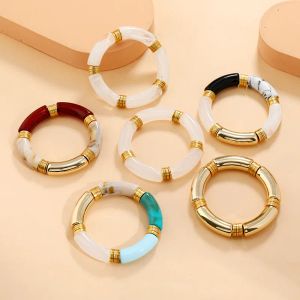 Strands Chunky Acrylic Elbow Pipe Knee Bend Tube Colorful Elastic Retro Marble Bangle Bracelets for Women Curved Bamboo Tube Bracelet